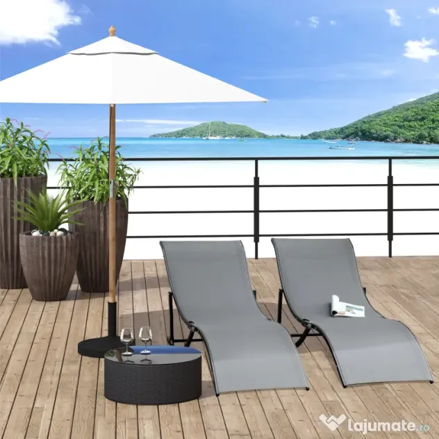 Outsunny Set 2 Sezlonguri Pliabile pentru Plajă sau Grădină, din Aluminiu și Textilen, Gri Închis, 61x165x63cm, Confortabile | Aosom Romania