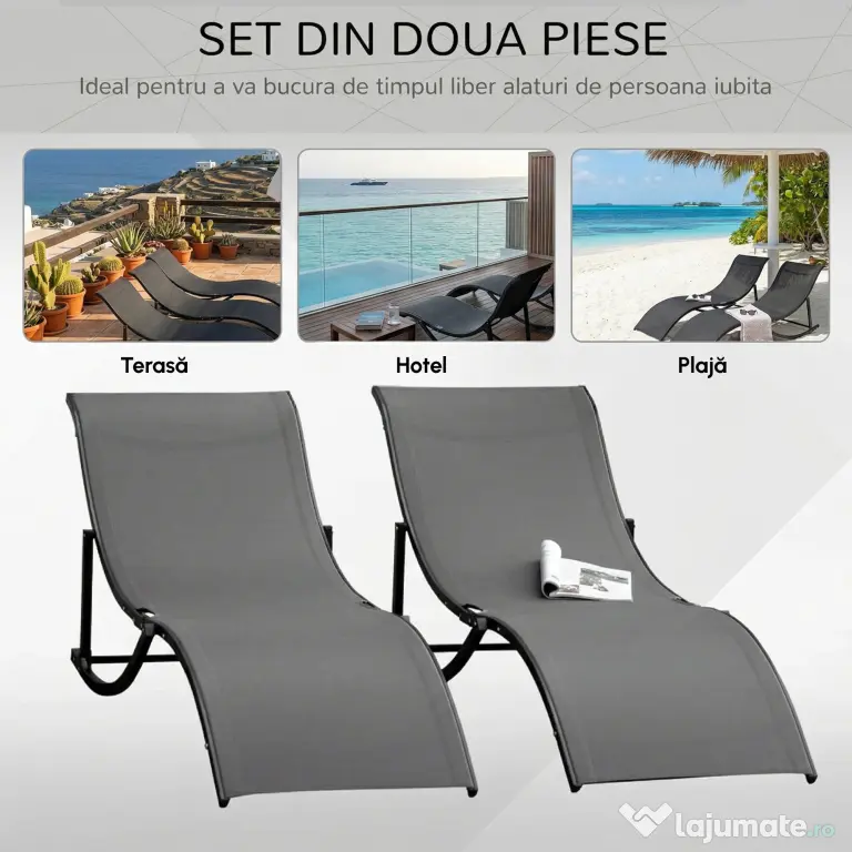 Outsunny Set 2 Sezlonguri Pliabile pentru Plajă sau Grădină, din Aluminiu și Textilen, Gri Închis, 61x165x63cm, Confortabile | Aosom Romania
