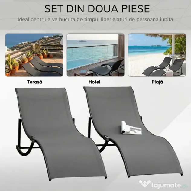 Outsunny Set 2 Sezlonguri Pliabile pentru Plajă sau Grădină, din Aluminiu și Textilen, Gri Închis, 61x165x63cm, Confortabile | Aosom Romania