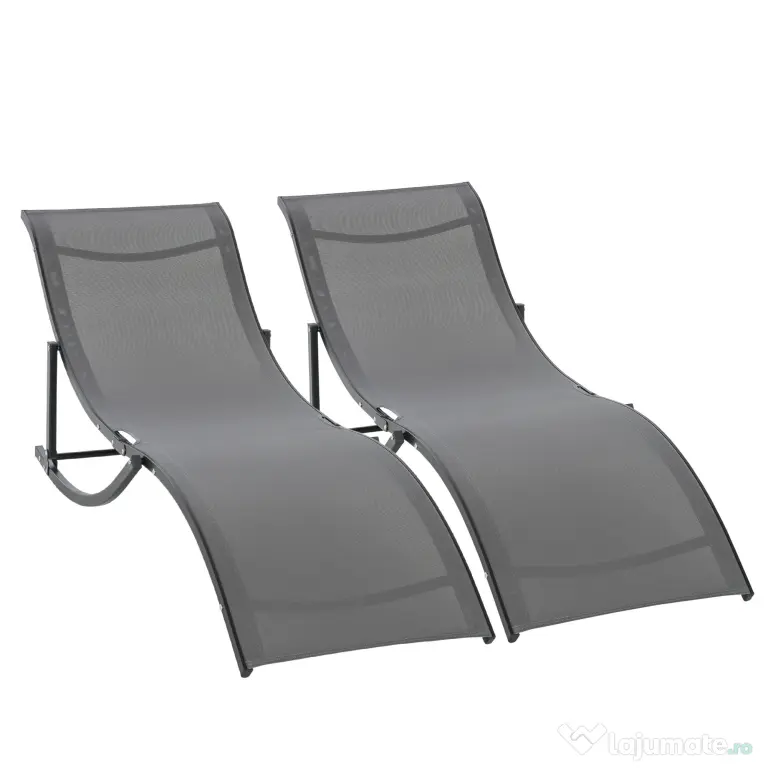 Outsunny Set 2 Sezlonguri Pliabile pentru Plajă sau Grădină, din Aluminiu și Textilen, Gri Închis, 61x165x63cm, Confortabile | Aosom Romania