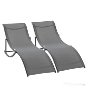 Outsunny Set 2 Sezlonguri Pliabile pentru Plajă sau Grădină, din Aluminiu și Textilen, Gri Închis, 61x165x63cm, Confortabile | Aosom Romania