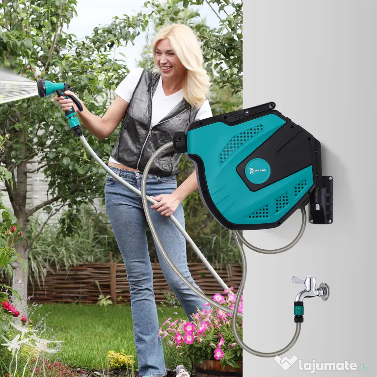DURHAND Tambur cu Furtun de 15 m Retractabil cu 7 Moduri de Irigare și Kit de Montare, 44x22,5x41 cm, Negru | Aosom Romania