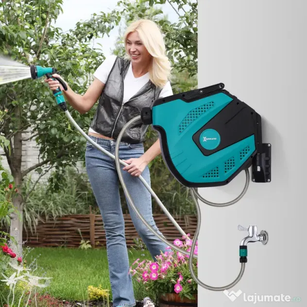 DURHAND Tambur cu Furtun de 15 m Retractabil cu 7 Moduri de Irigare și Kit de Montare, 44x22,5x41 cm, Negru | Aosom Romania