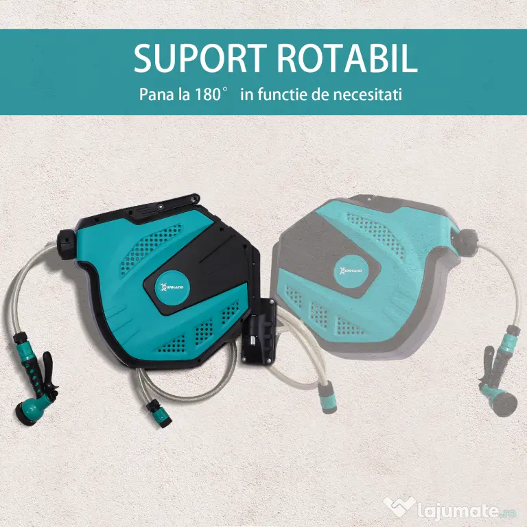 DURHAND Tambur cu Furtun de 15 m Retractabil cu 7 Moduri de Irigare și Kit de Montare, 44x22,5x41 cm, Negru | Aosom Romania
