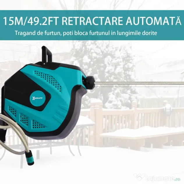 DURHAND Tambur cu Furtun de 15 m Retractabil cu 7 Moduri de Irigare și Kit de Montare, 44x22,5x41 cm, Negru | Aosom Romania