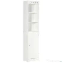 HOMCOM Dulap Turn de Baie Înalt, Mobilă Coloană din Lemn cu Design Sculptat Floral, Oglindă și Rafturi, 40x23x160 cm, Alb
