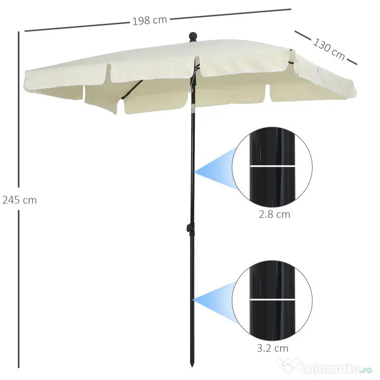 Outsunny Umbrelă Parasolară Dreptunghiulară pentru Terasă și Grădină, Ușor de Manevrat, 200x125x235cm, Crem | Aosom Romania