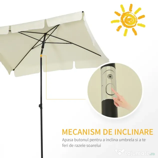 Outsunny Umbrelă Parasolară Dreptunghiulară pentru Terasă și Grădină, Ușor de Manevrat, 200x125x235cm, Crem | Aosom Romania