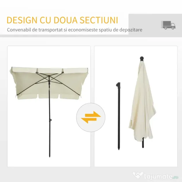 Outsunny Umbrelă Parasolară Dreptunghiulară pentru Terasă și Grădină, Ușor de Manevrat, 200x125x235cm, Crem | Aosom Romania