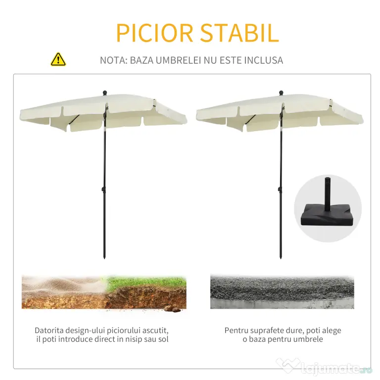 Outsunny Umbrelă Parasolară Dreptunghiulară pentru Terasă și Grădină, Ușor de Manevrat, 200x125x235cm, Crem | Aosom Romania