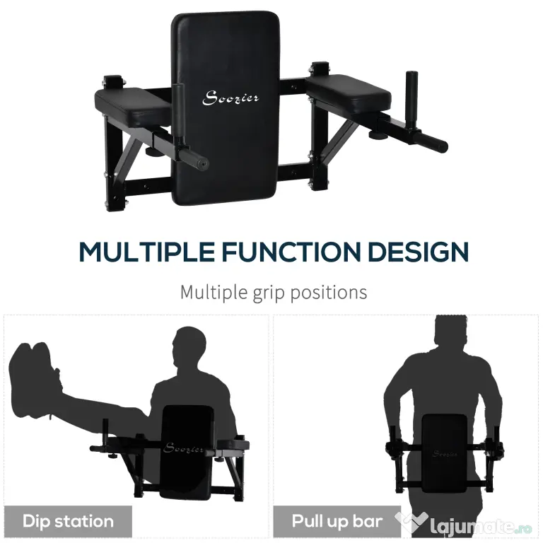 HOMCOM Bară de Tracțiuni pentru Montare pe Perete, Echipament Fitness Acasă, 70x48x53-63cm, Negru | Aosom Romania