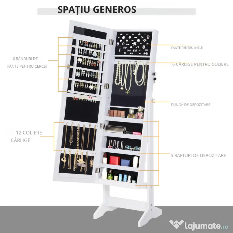 HOMCOM Dulap pentru Bijuterii cu Oglindă și LED-uri, Spațiu Amplu de Depozitare, 40x37x146 cm, Alb | Aosom Romania