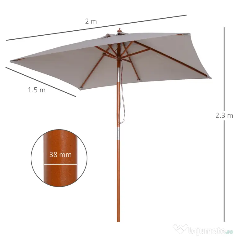 Outsunny Umbrelă de Soare Reglabilă pentru Grădină, Cadru din Lemn, 2x1.5m, Gri | Aosom Romania