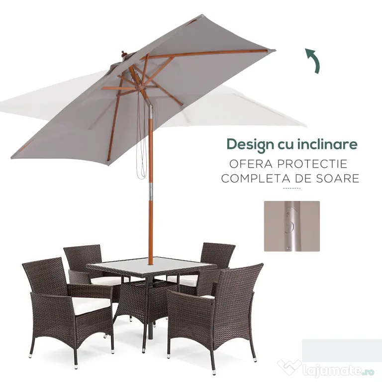 Outsunny Umbrelă de Soare Reglabilă pentru Grădină, Cadru din Lemn, 2x1.5m, Gri | Aosom Romania