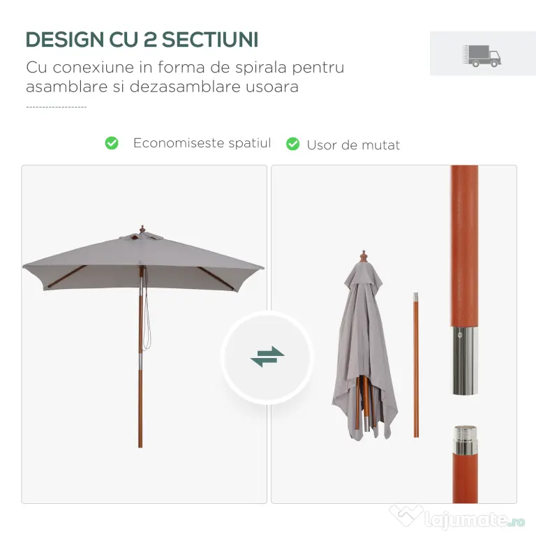 Outsunny Umbrelă de Soare Reglabilă pentru Grădină, Cadru din Lemn, 2x1.5m, Gri | Aosom Romania