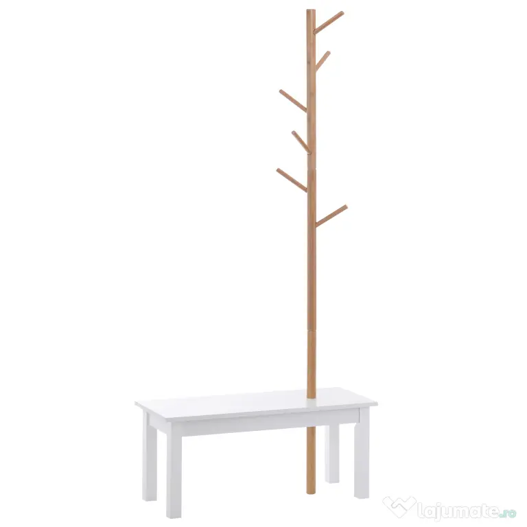 HOMCOM Bancă hol, cu un Cuier în Bambus, Design Modern, Spațiu de Depozitare, Alb și Lemn, 80x30x180 cm | Aosom Romania