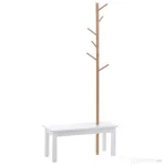 HOMCOM Bancă hol, cu un Cuier în Bambus, Design Modern, Spațiu de Depozitare, Alb și Lemn, 80x30x180 cm | Aosom Romania