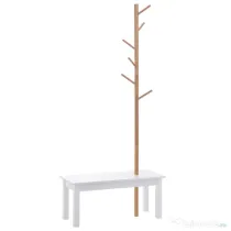 HOMCOM Bancă hol, cu un Cuier în Bambus, Design Modern, Spațiu de Depozitare, Alb și Lemn, 80x30x180 cm | Aosom Romania