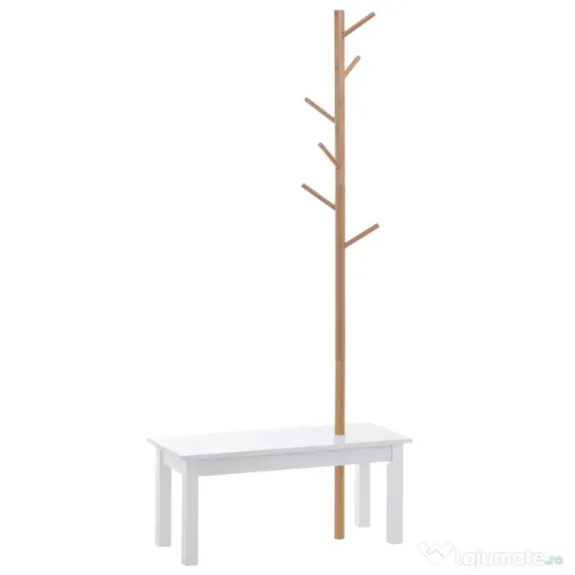 HOMCOM Bancă hol, cu un Cuier în Bambus, Design Modern, Spațiu de Depozitare, Alb și Lemn, 80x30x180 cm | Aosom Romania
