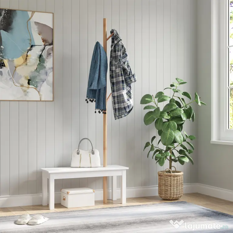 HOMCOM Bancă hol, cu un Cuier în Bambus, Design Modern, Spațiu de Depozitare, Alb și Lemn, 80x30x180 cm | Aosom Romania