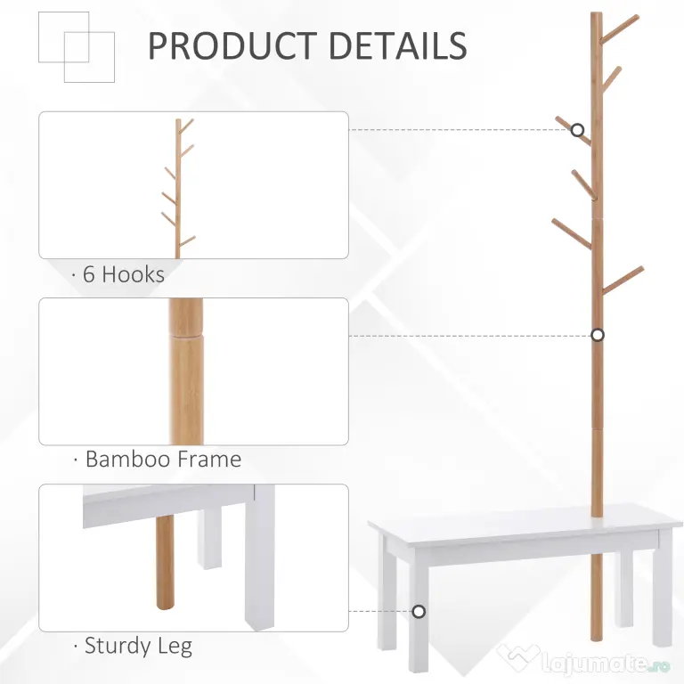 HOMCOM Bancă hol, cu un Cuier în Bambus, Design Modern, Spațiu de Depozitare, Alb și Lemn, 80x30x180 cm | Aosom Romania
