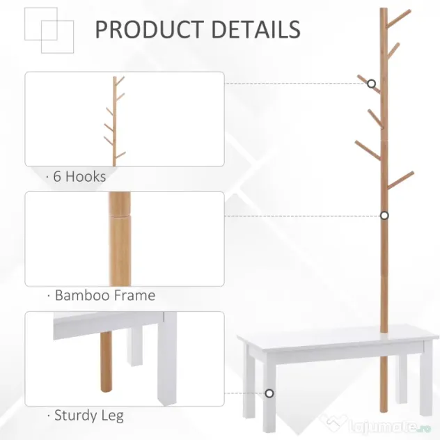 HOMCOM Bancă hol, cu un Cuier în Bambus, Design Modern, Spațiu de Depozitare, Alb și Lemn, 80x30x180 cm | Aosom Romania
