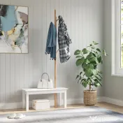 HOMCOM Cuier de Perete cu Bancă din Bambus, Pantofar și Agățătoare pentru Hol, Design Modern, 80x30x180cm, Alb și Lemn Natural 