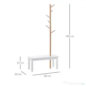 HOMCOM Cuier de Perete cu Bancă din Bambus, Pantofar și Agățătoare pentru Hol, Design Modern, 80x30x180cm, Alb și Lemn Natural 