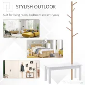 HOMCOM Cuier de Perete cu Bancă din Bambus, Pantofar și Agățătoare pentru Hol, Design Modern, 80x30x180cm, Alb și Lemn Natural 