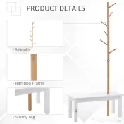 HOMCOM Cuier de Perete cu Bancă din Bambus, Pantofar și Agățătoare pentru Hol, Design Modern, 80x30x180cm, Alb și Lemn Natural 
