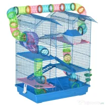 PawHut Cușcă pentru Hamsteri cu 5 Etaje, Roți, Tub, Sticlă de Apă, Farfurii, Scară, Casă, 47x30x59 cm, Albastru | Aosom Romania