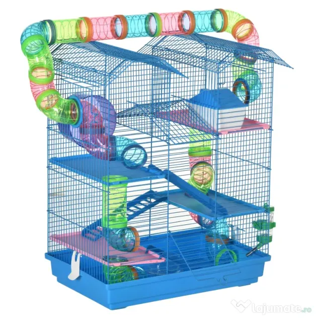 PawHut Cușcă pentru Hamsteri cu 5 Etaje, Roți, Tub, Sticlă de Apă, Farfurii, Scară, Casă, 47x30x59 cm, Albastru | Aosom Romania