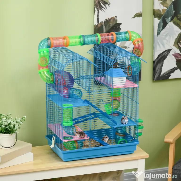 PawHut Cușcă pentru Hamsteri cu 5 Etaje, Roți, Tub, Sticlă de Apă, Farfurii, Scară, Casă, 47x30x59 cm, Albastru | Aosom Romania