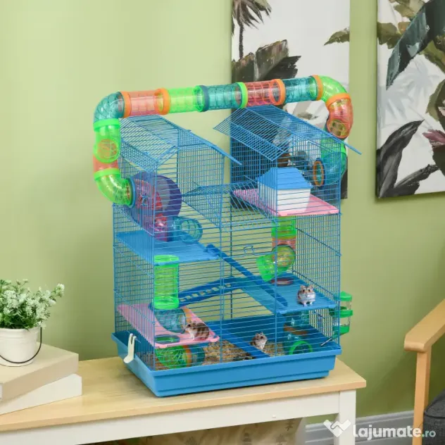 PawHut Cușcă pentru Hamsteri cu 5 Etaje, Roți, Tub, Sticlă de Apă, Farfurii, Scară, Casă, 47x30x59 cm, Albastru | Aosom Romania