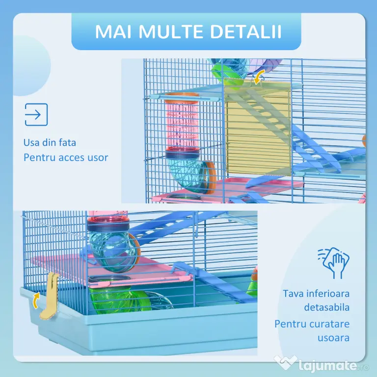 PawHut Cușcă pentru Hamsteri cu 5 Etaje, Roți, Tub, Sticlă de Apă, Farfurii, Scară, Casă, 47x30x59 cm, Albastru | Aosom Romania