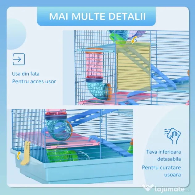 PawHut Cușcă pentru Hamsteri cu 5 Etaje, Roți, Tub, Sticlă de Apă, Farfurii, Scară, Casă, 47x30x59 cm, Albastru | Aosom Romania