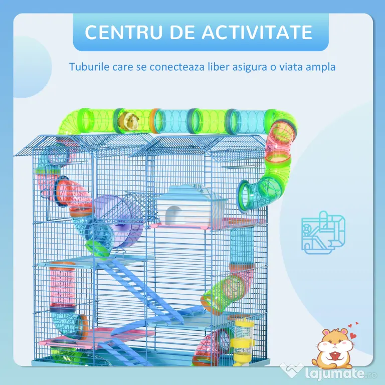 PawHut Cușcă pentru Hamsteri cu 5 Etaje, Roți, Tub, Sticlă de Apă, Farfurii, Scară, Casă, 47x30x59 cm, Albastru | Aosom Romania