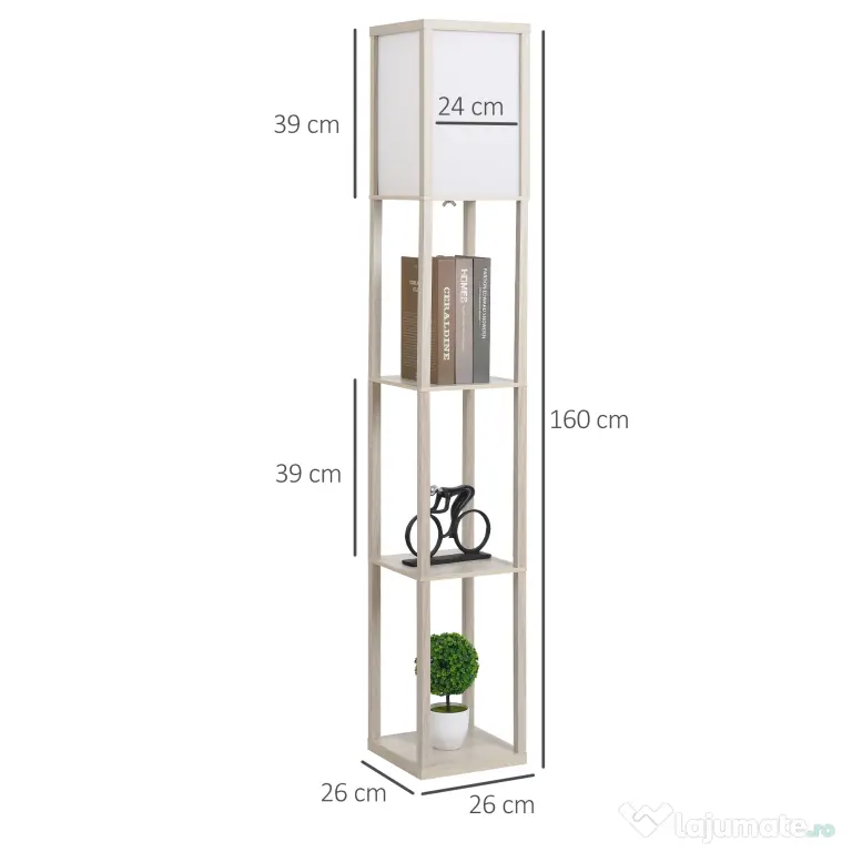 HOMCOM Lampă de podea cu rafturi integrate, Suport E27, 40W, Design Modern din MDF, 26x26x160cm, Stejar | Aosom Romania