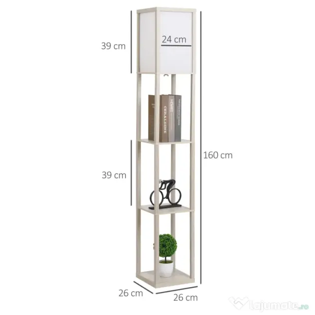 HOMCOM Lampă de podea cu rafturi integrate, Suport E27, 40W, Design Modern din MDF, 26x26x160cm, Stejar | Aosom Romania