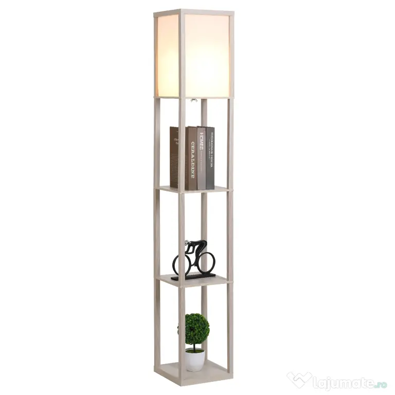 HOMCOM Lampă de podea cu rafturi integrate, Suport E27, 40W, Design Modern din MDF, 26x26x160cm, Stejar | Aosom Romania