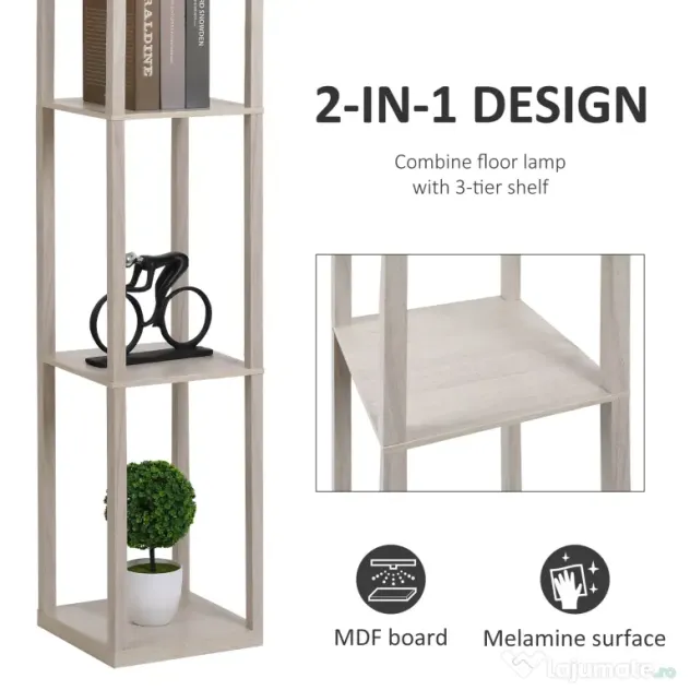 HOMCOM Lampă de podea cu rafturi integrate, Suport E27, 40W, Design Modern din MDF, 26x26x160cm, Stejar | Aosom Romania