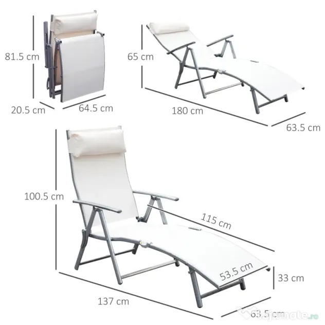 Outsunny Sezlong de Grădină Pliabil cu Spătar Reglabil, Ideal pentru Relaxare în Aer Liber, Crem Alb | Aosom Romania