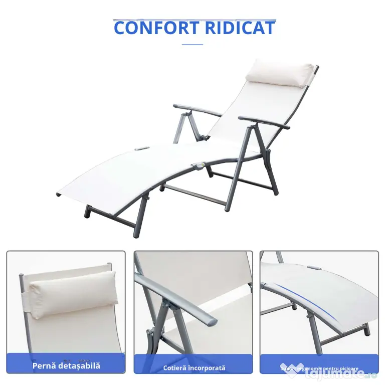 Outsunny Sezlong de Grădină Pliabil cu Spătar Reglabil, Ideal pentru Relaxare în Aer Liber, Crem Alb | Aosom Romania