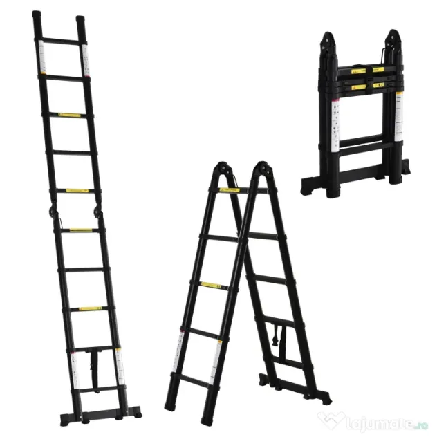 DURHAND Scară telescopică pliabilă cu 10 trepte din aluminiu și metal pentru interior și exterior, 320x67x7 cm, negru