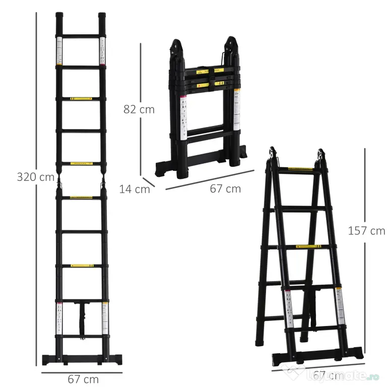 DURHAND Scară telescopică pliabilă cu 10 trepte din aluminiu și metal pentru interior și exterior, 320x67x7 cm, negru