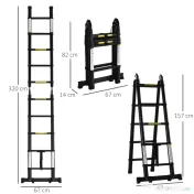 DURHAND Scară telescopică pliabilă cu 10 trepte din aluminiu și metal pentru interior și exterior, 320x67x7 cm, negru 