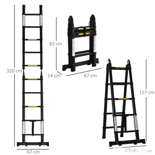 DURHAND Scară telescopică pliabilă cu 10 trepte din aluminiu și metal pentru interior și exterior, 320x67x7 cm, negru