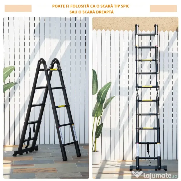DURHAND Scară telescopică pliabilă cu 10 trepte din aluminiu și metal pentru interior și exterior, 320x67x7 cm, negru