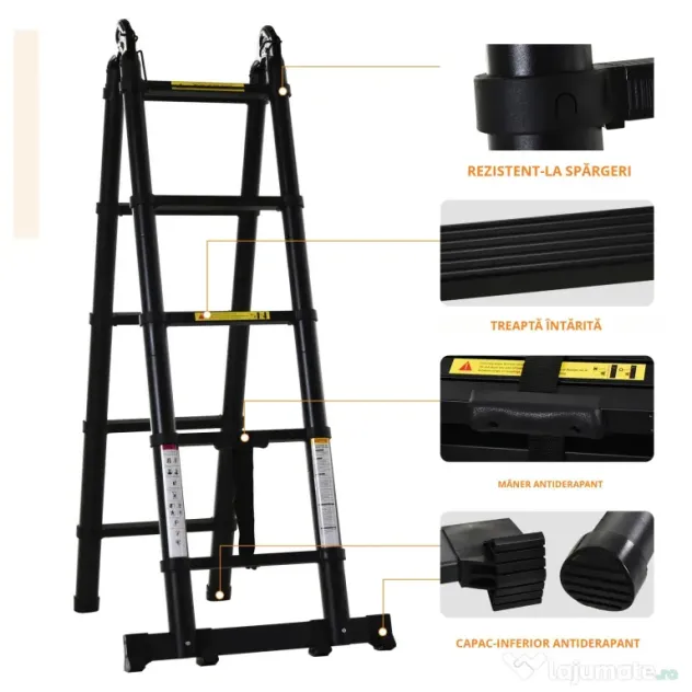 DURHAND Scară telescopică pliabilă cu 10 trepte din aluminiu și metal pentru interior și exterior, 320x67x7 cm, negru