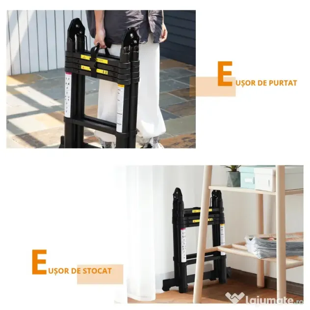 DURHAND Scară telescopică pliabilă cu 10 trepte din aluminiu și metal pentru interior și exterior, 320x67x7 cm, negru